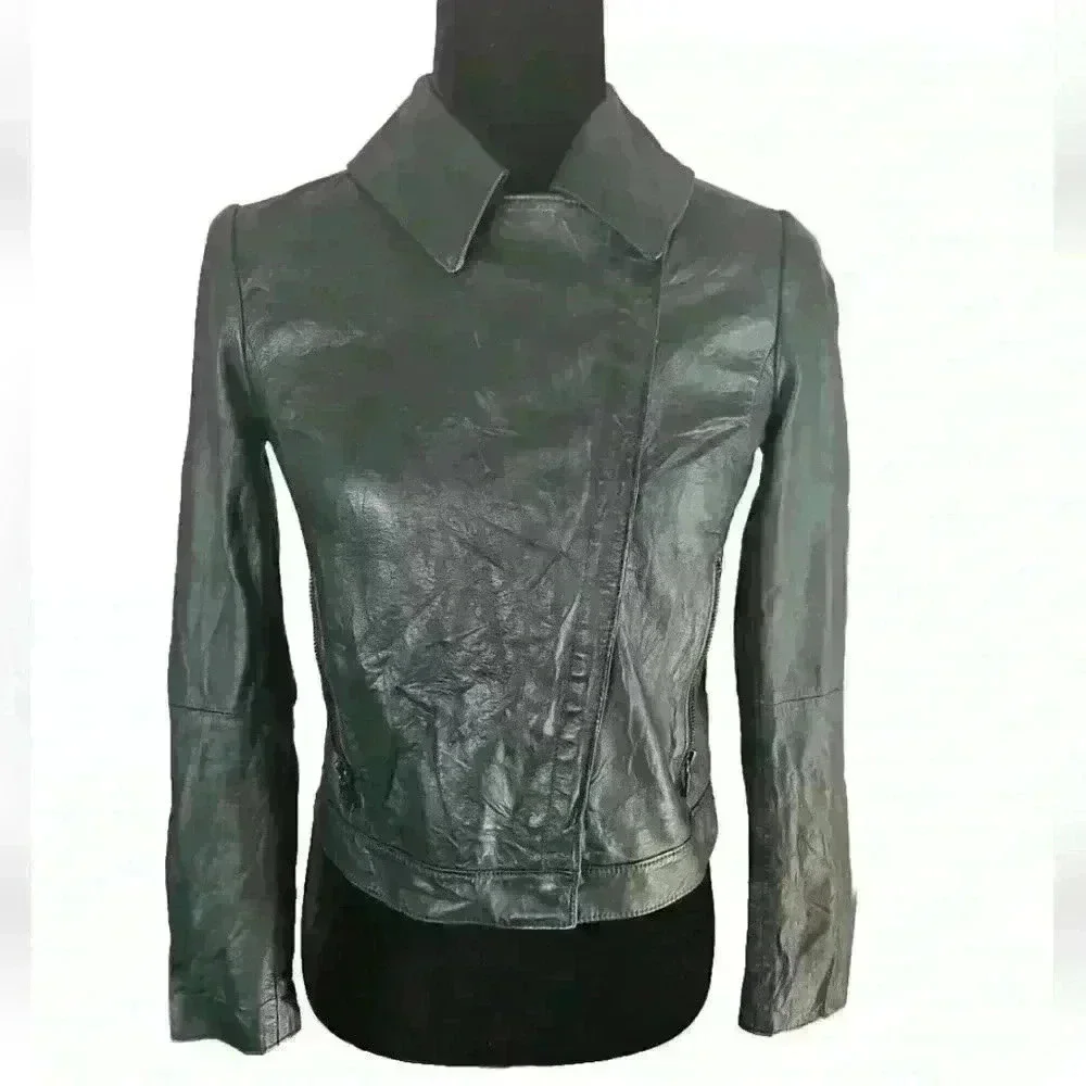 Tory Burch Womens Dark Green Harper Cropped Luxury Designer Moto Jacket 0 (XS-S)